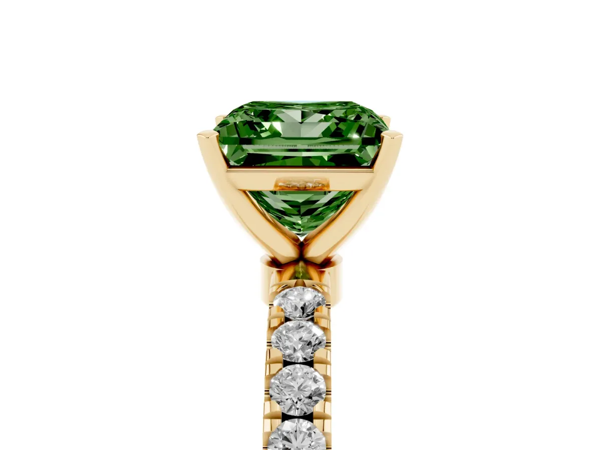 Fancy Green Princess Cut Diamond Solitaire Ring with Pavé Accents and Four-Prong Setting Yellow gold