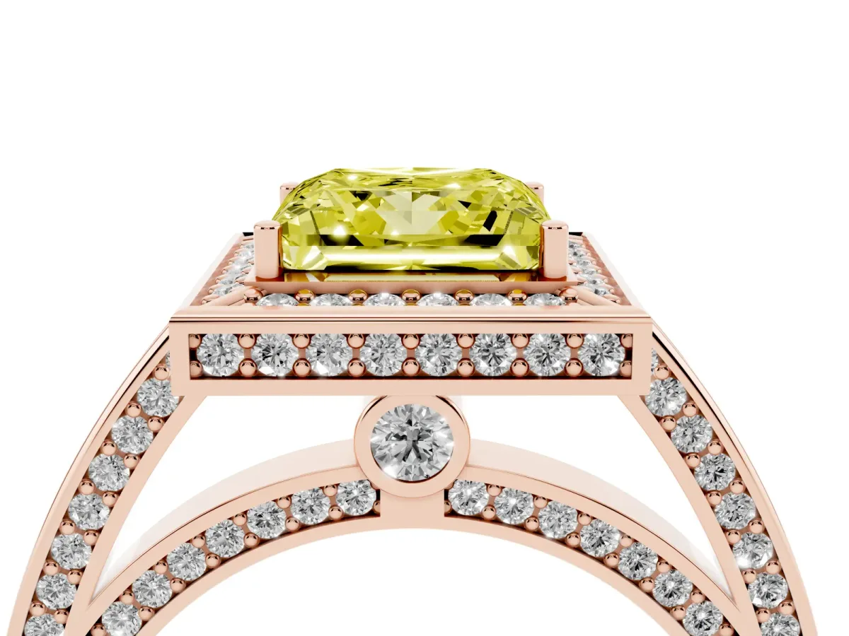 Fancy Yellow Princess Cut Cut Halo Pave Split Shank Prong Setting Ring Rose gold