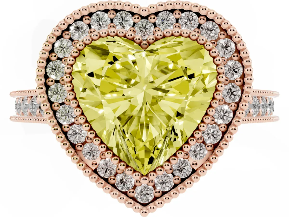 Fancy Yellow Halo Heart Cut-Cut Diamond Pave Band Milgrain Prong Setting Ring Rose gold