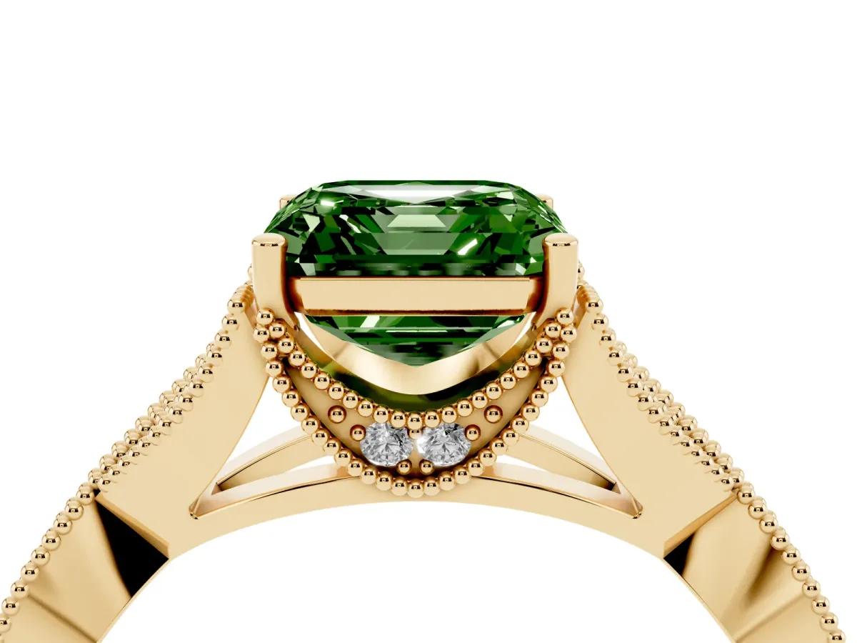 Fancy Green Asscher Cut Cut Diamond Twisted Band with Milgrain Pave Setting and Four-Prong Setting Yellow gold