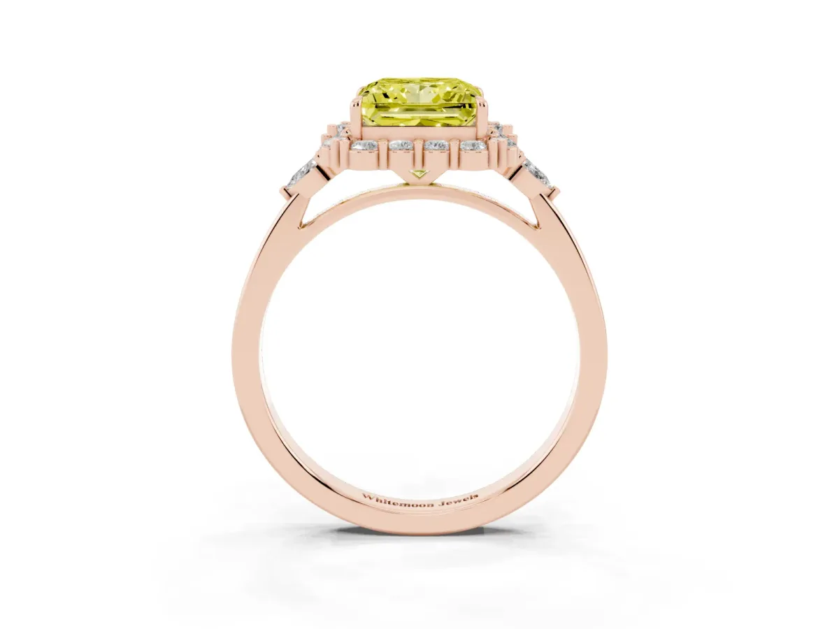 Fancy Yellow Princess Cut Diamond Halo Ring with Pear Side Stones and Prong Setting Rose gold