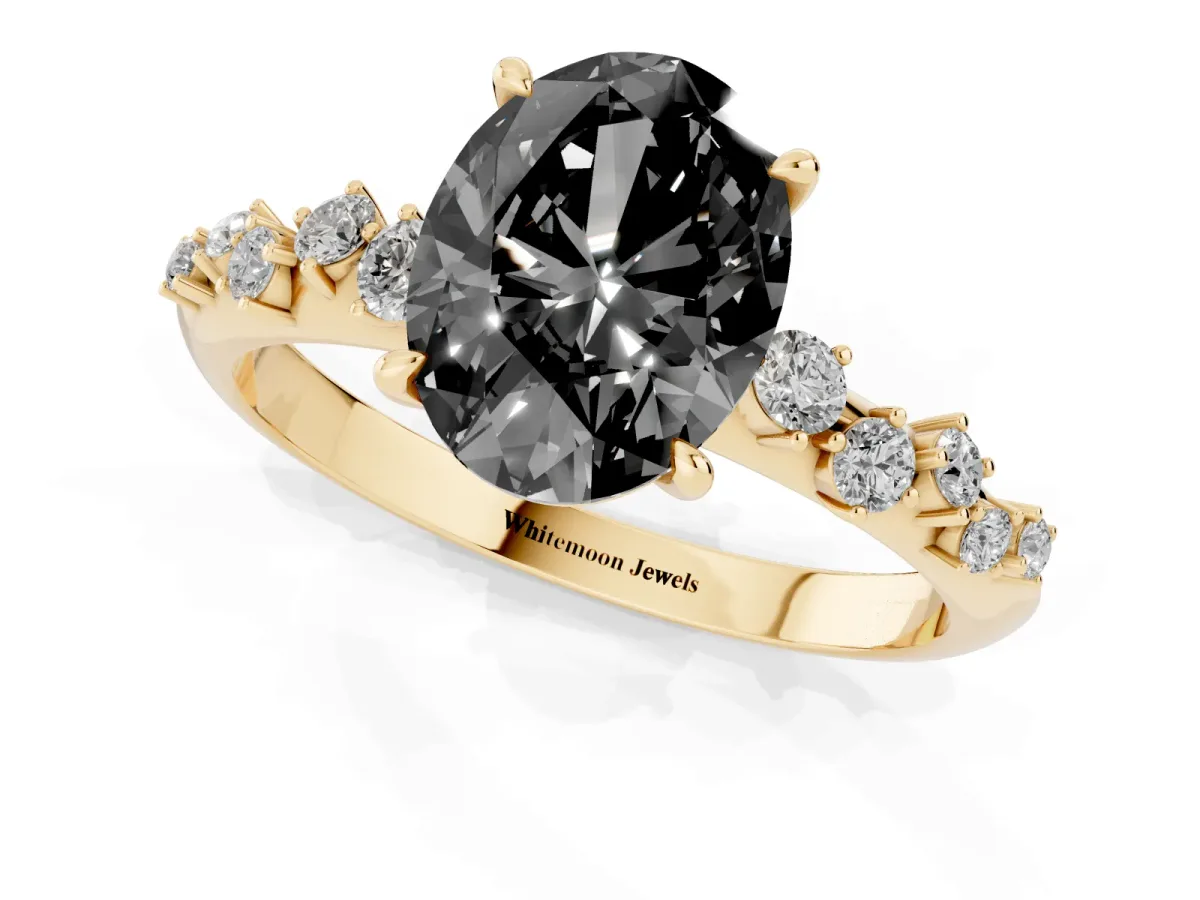 Fancy Black Oval Cut Diamond Cluster Side Stone Solitaire Ring with Prong Setting Yellow gold