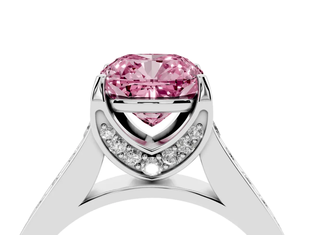 Fancy Pink Cushion Cut Brilliant Cut Diamond Engagement Ring with Pavé Band and Four-Prong Setting Platinum