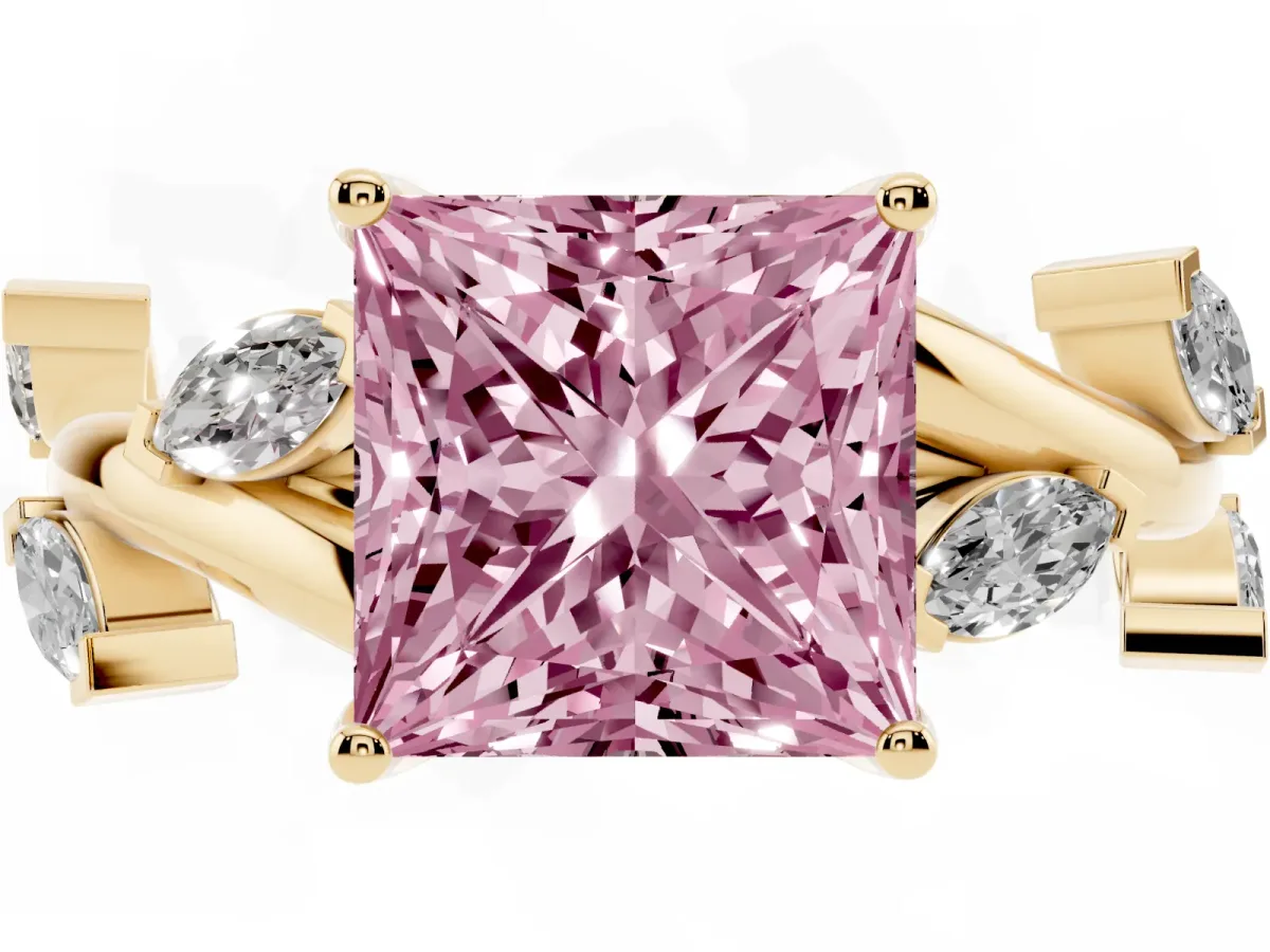 Fancy Pink Princess Cut Solitaire Twisted Band Marquise Accent Prong Setting Ring Yellow gold