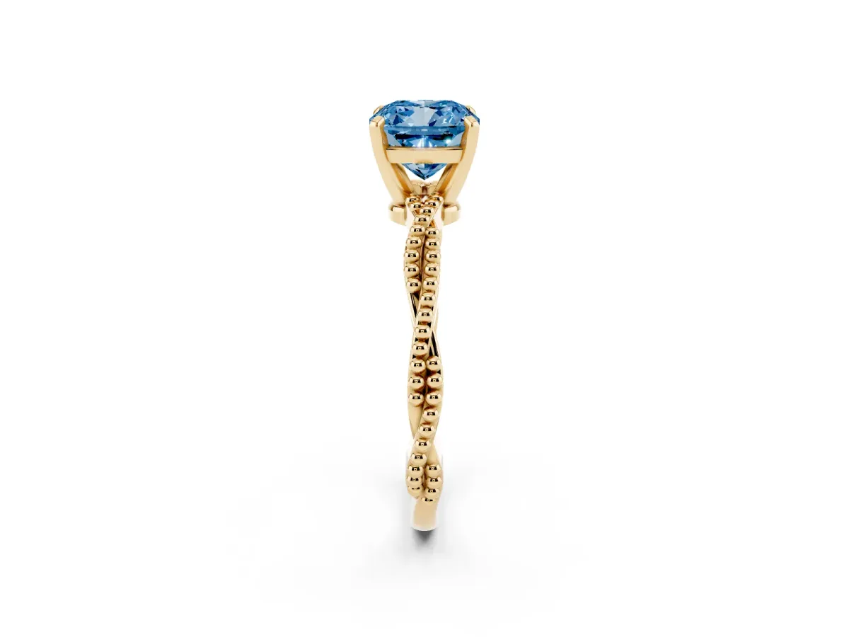 Fancy Blue Cushion Cut Solitaire Twisted Band with Bead Prong Setting Yellow gold
