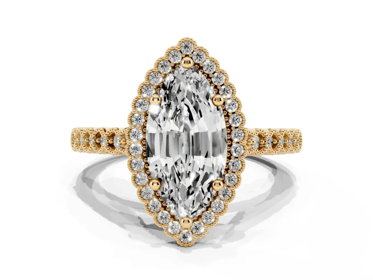 Marquise Cut Cut Halo Pavé Solitaire Ring with Milgrain Band Yellow gold