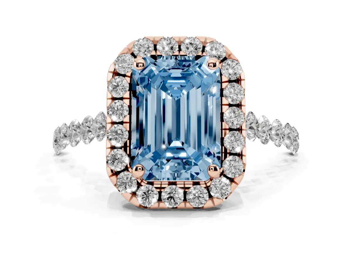 Fancy Blue Emerald Cut Halo Pavé Diamond Engagement Ring with Four-Prong Setting Rose gold