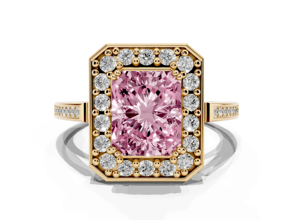 Fancy Pink Radiant Cut Diamond Halo Ring with Split Shank and Four-Prong Setting Yellow gold