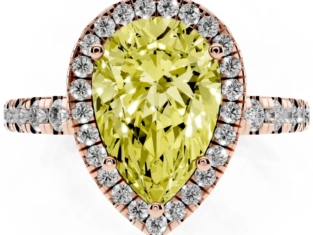 Fancy Yellow Pear Cut Diamond Halo Ring with Pavé Band and Four-Prong Setting Rose gold