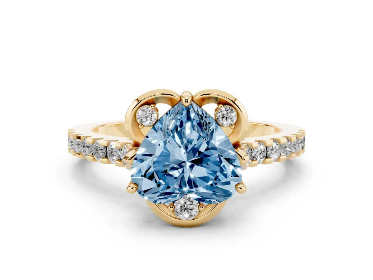 Fancy Blue Heart Cut Diamond Ring with Pavé Band and Floral Prong Setting Yellow gold