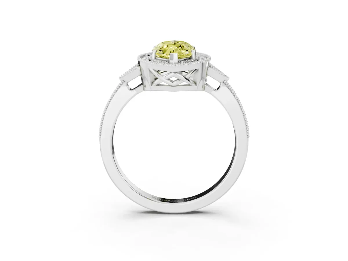 Fancy Yellow Marquise Cut Halo Round Diamond Milgrain Pave Engagement Ring Silver