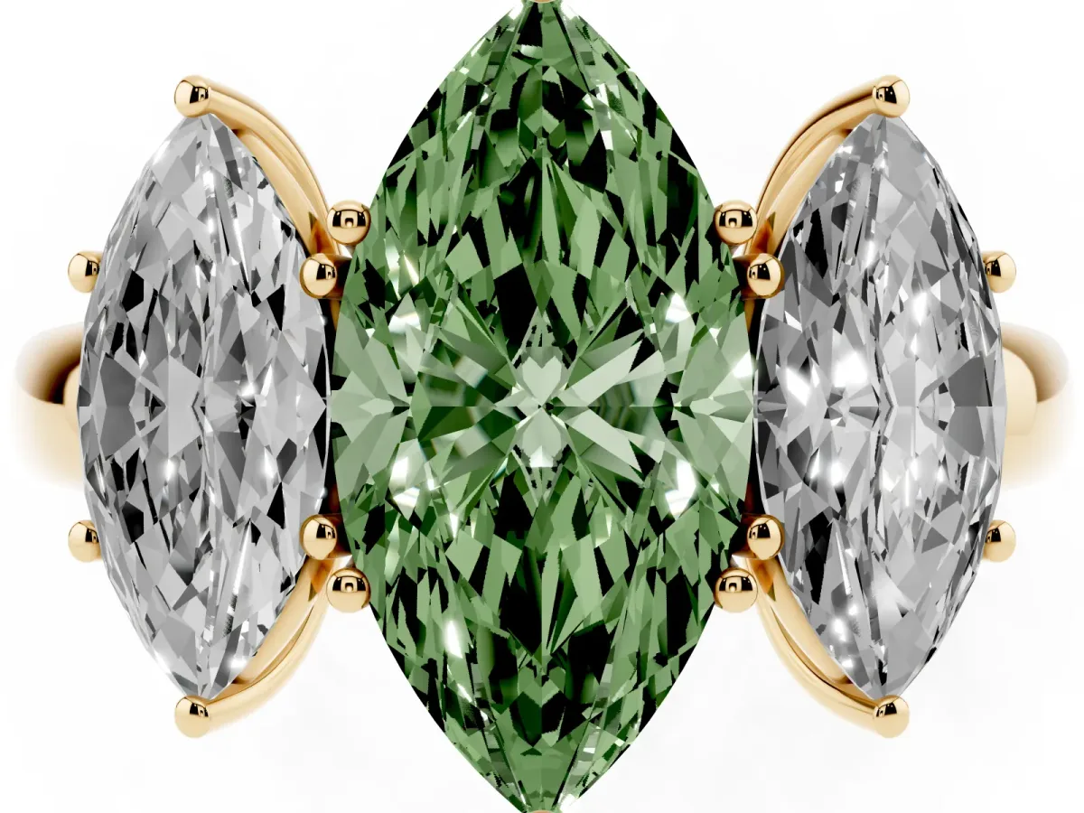 Fancy Green Marquise Cut Diamond Three-Stone Ring with Four-Prong Setting and Classic Band Yellow gold