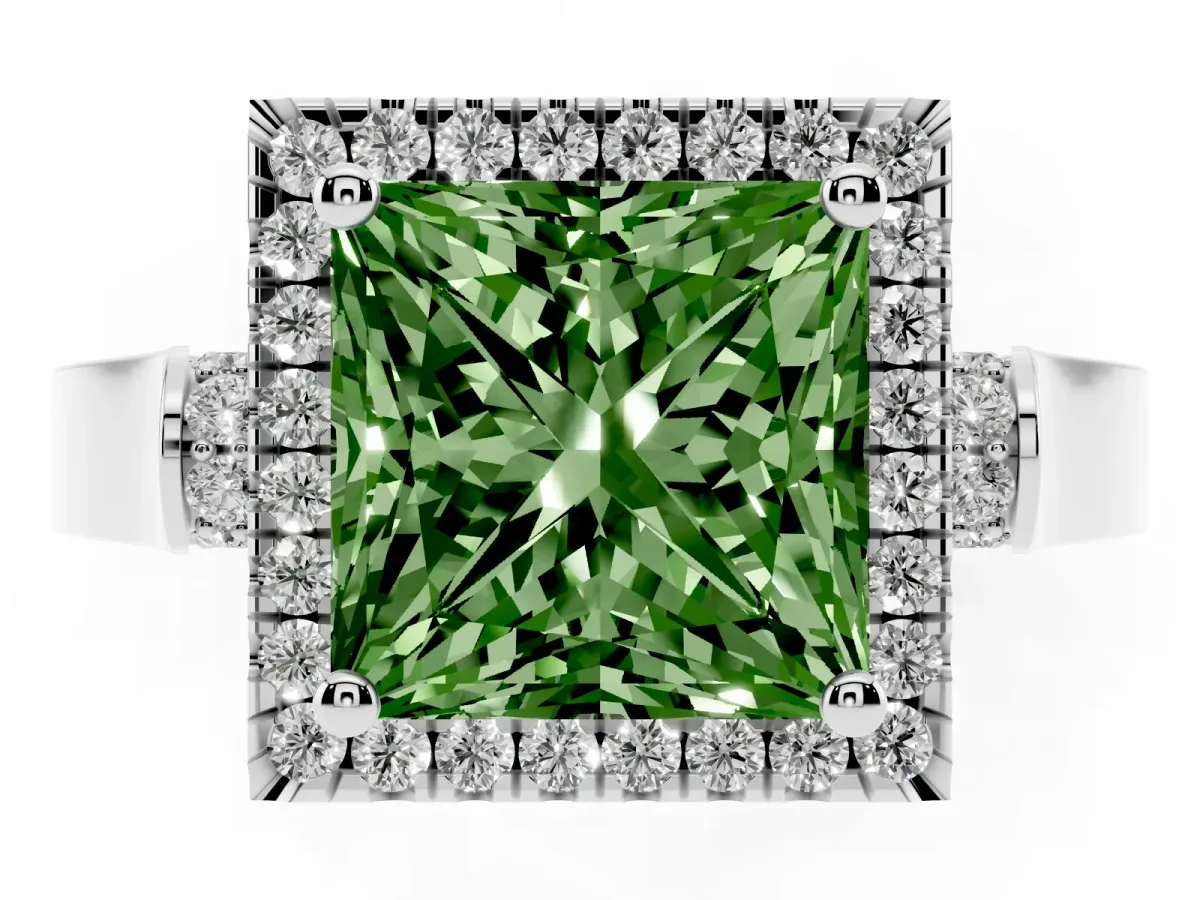 Fancy Green Princess Cut Halo Round Diamond Twist Band with Four-Prong Setting White gold