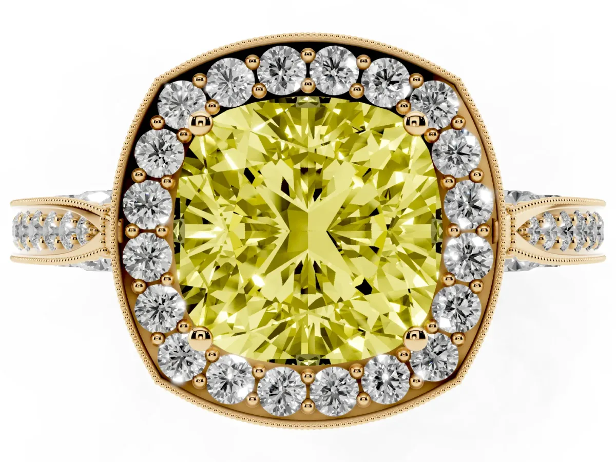 Fancy Yellow Cushion Cut Halo Diamond Engagement Ring with Split Shank Band and Four-Prong Setting Yellow gold