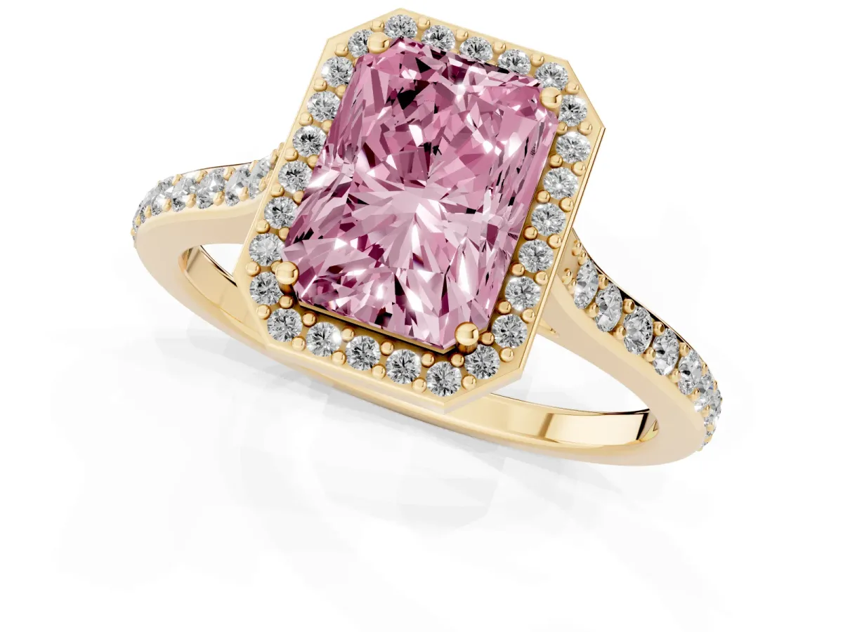 Fancy Pink Radiant Cut Diamond Halo Engagement Ring with Round Pavé Shoulders and Prong Setting Yellow gold