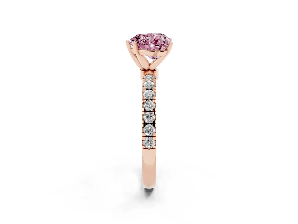 Fancy Pink Heart Cut Diamond Solitaire Ring with Pavé Accents and Four-Prong Setting Rose gold