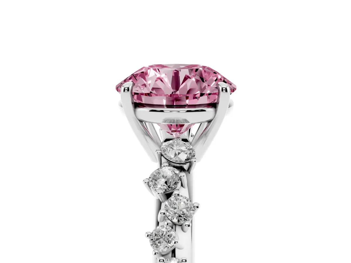 Fancy Pink Round Cut Diamond Cluster Side Stone Solitaire Ring with Prong Setting Silver