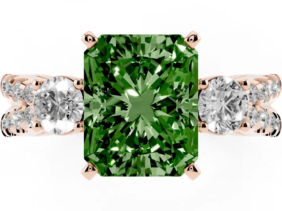 Fancy Green Radiant Cut Diamond Three-Stone Ring with Pavé Split Shank and Four-Prong Setting Rose gold