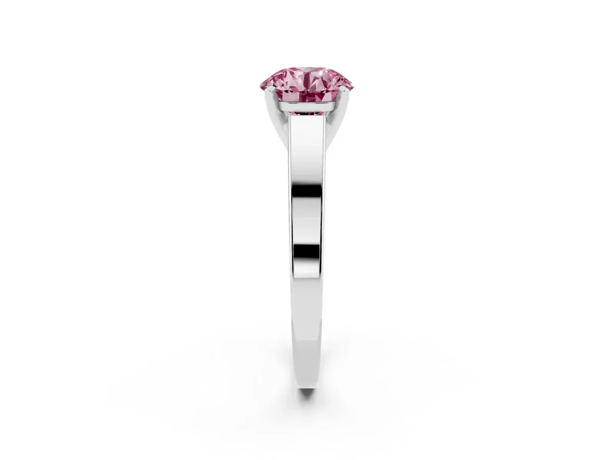 Fancy Pink Round Cut Solitaire Engagement Ring with Four-Prong Setting and Tapered Band Silver