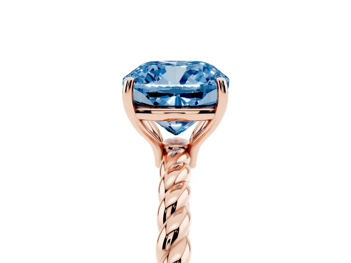 Fancy Blue Cushion Cut Solitaire Twist Band Ring with Four-Prong Setting Rose gold