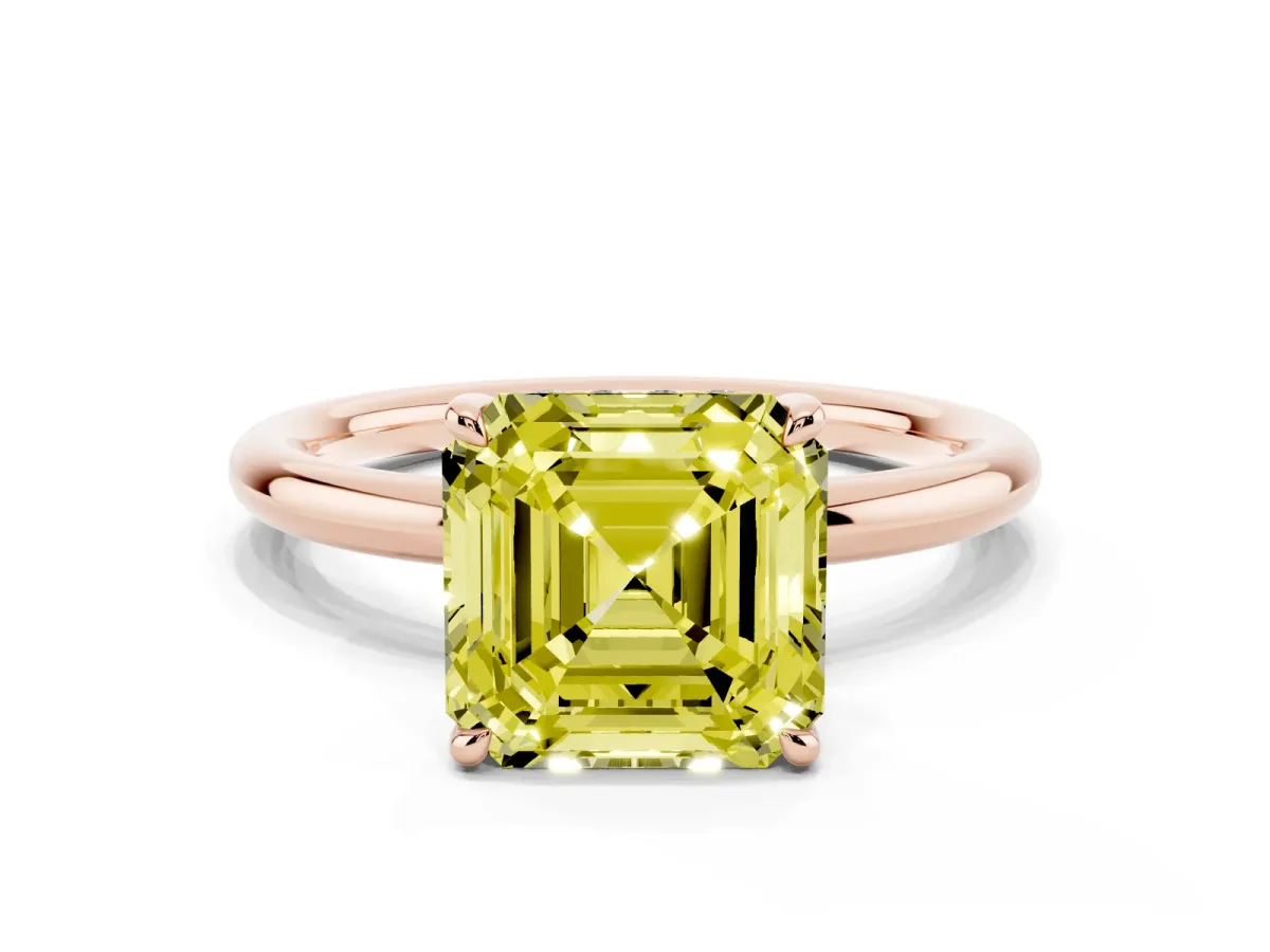 Fancy Yellow Asscher Cut Diamond Solitaire Ring with Thin Band and Four-Prong Setting Rose gold