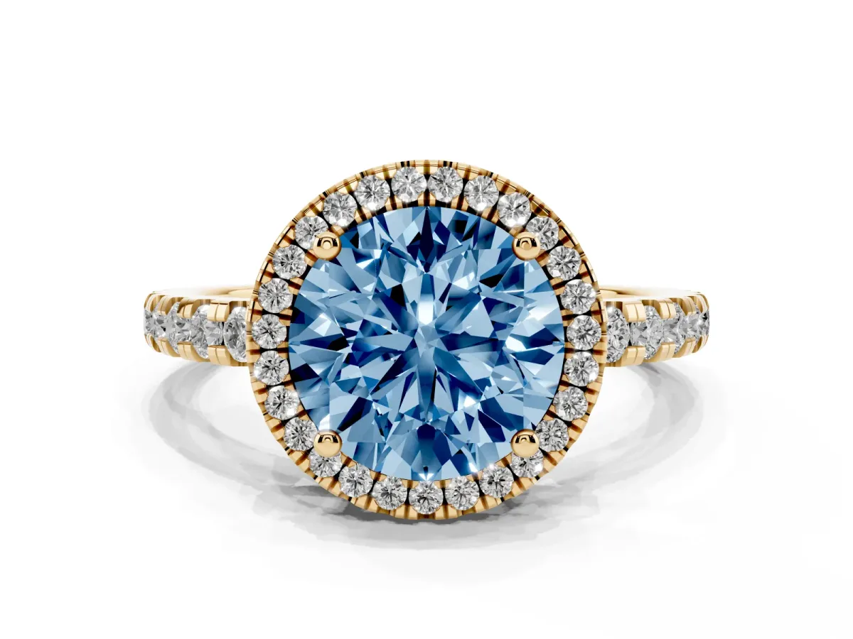 Fancy Blue Round Cut Diamond Halo Ring with Pavé Band and Four-Prong Setting Yellow gold