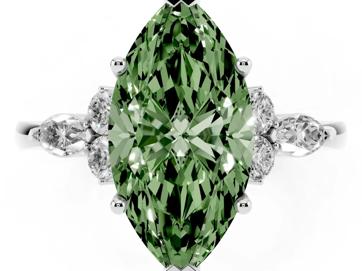 Fancy Green Marquise Cut Brilliant Diamond Solitaire Ring with Pear Side Stones and Four-Prong Setting Platinum
