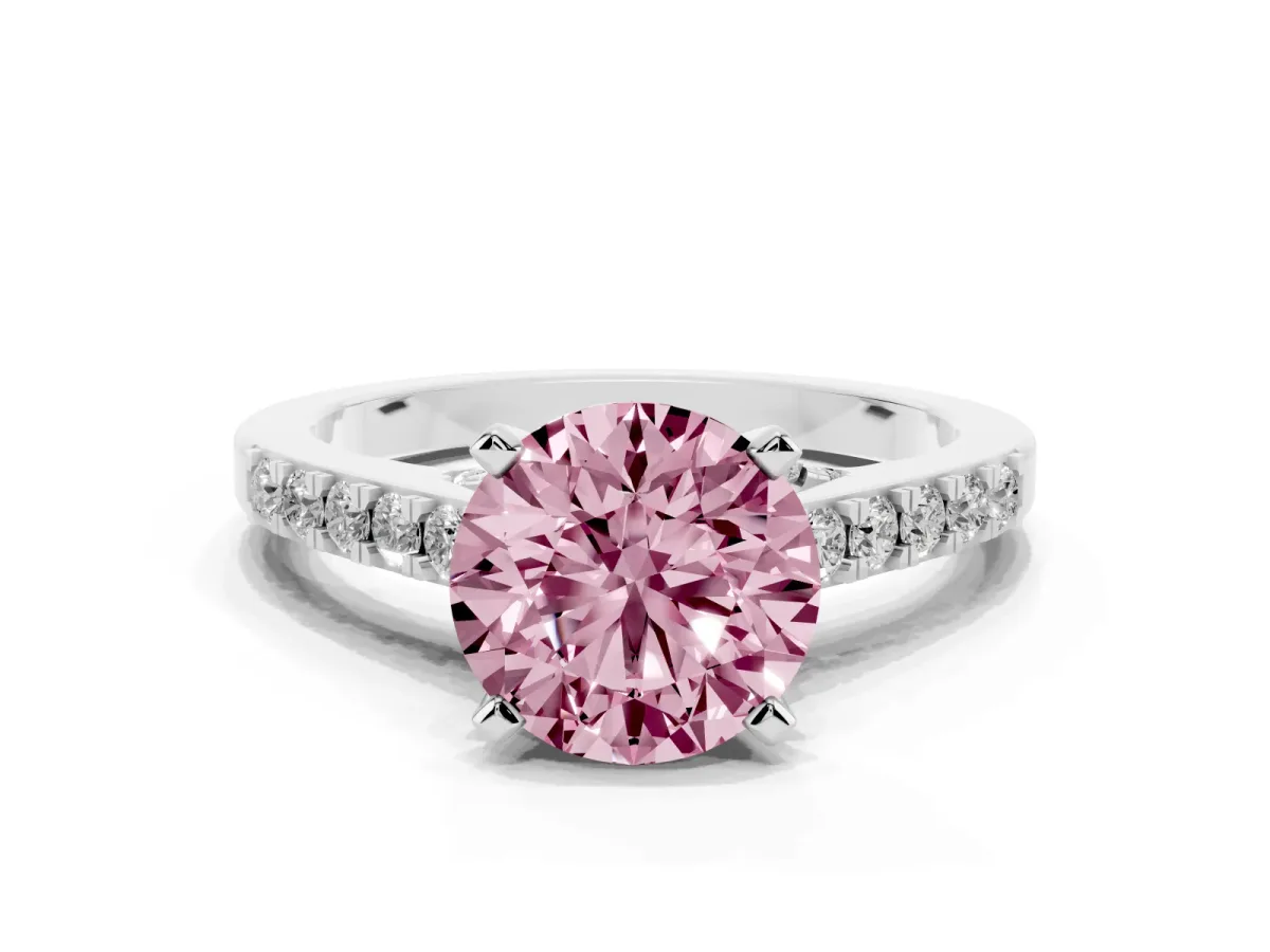 Fancy Pink Round Cut Diamond Solitaire Ring with Crossover Gallery and Round Pavé Band Silver
