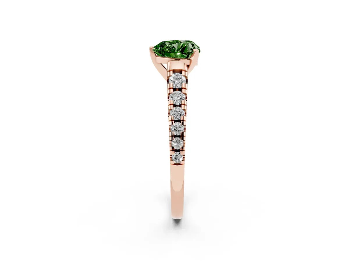 Fancy Green Heart Cut Diamond Cathedral Solitaire Ring with Round Pavé Band Rose gold