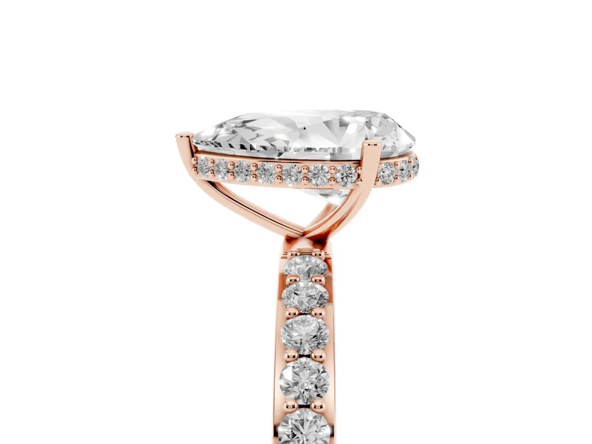 Pear Cut Diamond Solitaire Ring with Pavé Band and Hidden Halo Rose gold
