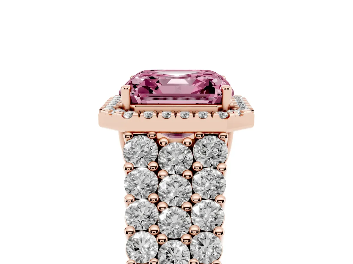 Fancy Pink Asscher Cut Diamond Halo Engagement Ring with Triple Row Round Pavé Band and Prong Setting Rose gold