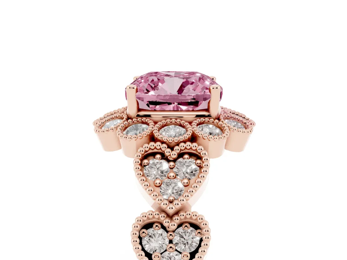 Fancy Pink Cushion Cut Brilliant Milgrain Pave Heart Band Solitaire Ring Rose gold