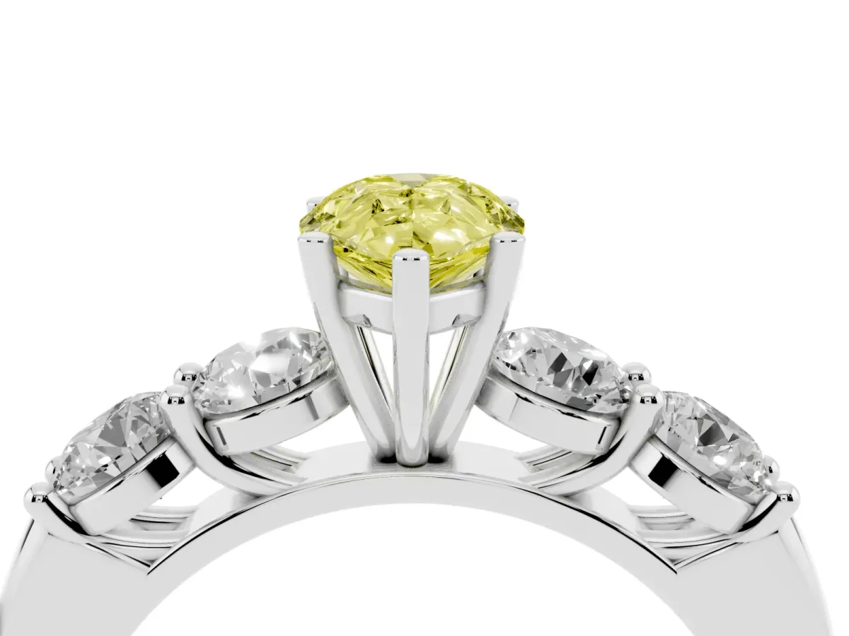 Fancy Yellow Pear Cut Cut Five-Stone Prong Set Diamond Ring with Classic Band Silver
