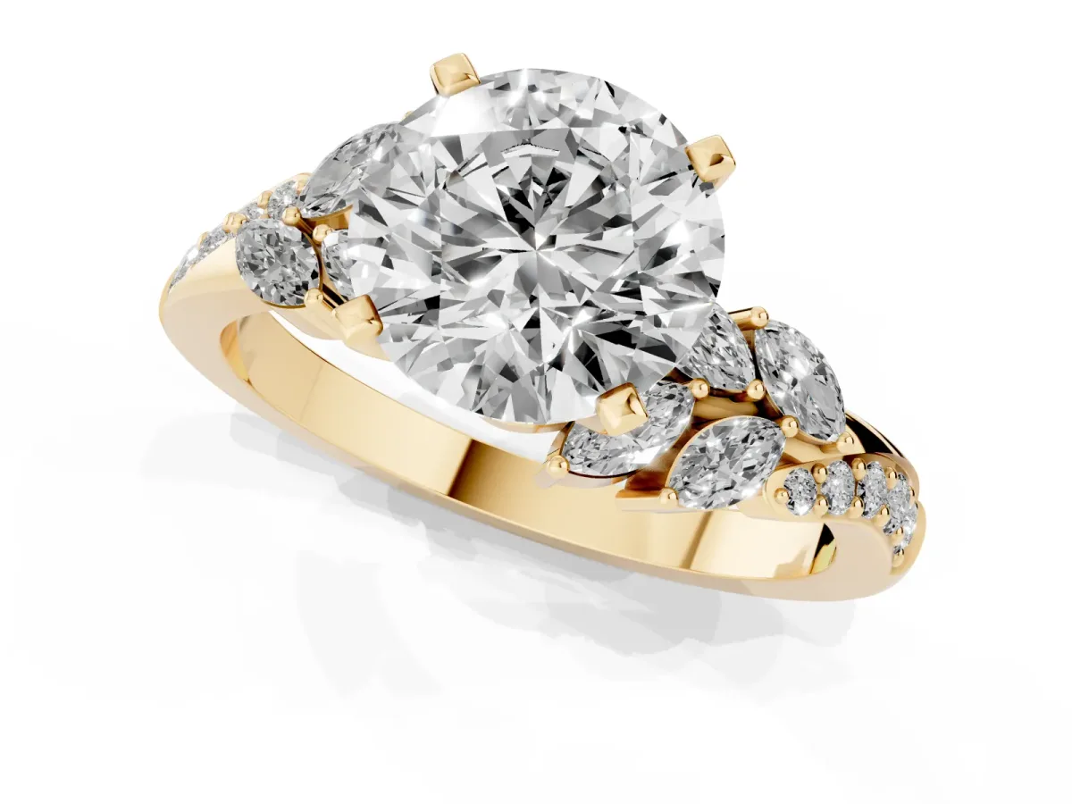 Round Cut Solitaire Marquise Twist Band with Six-Prong Setting Yellow gold