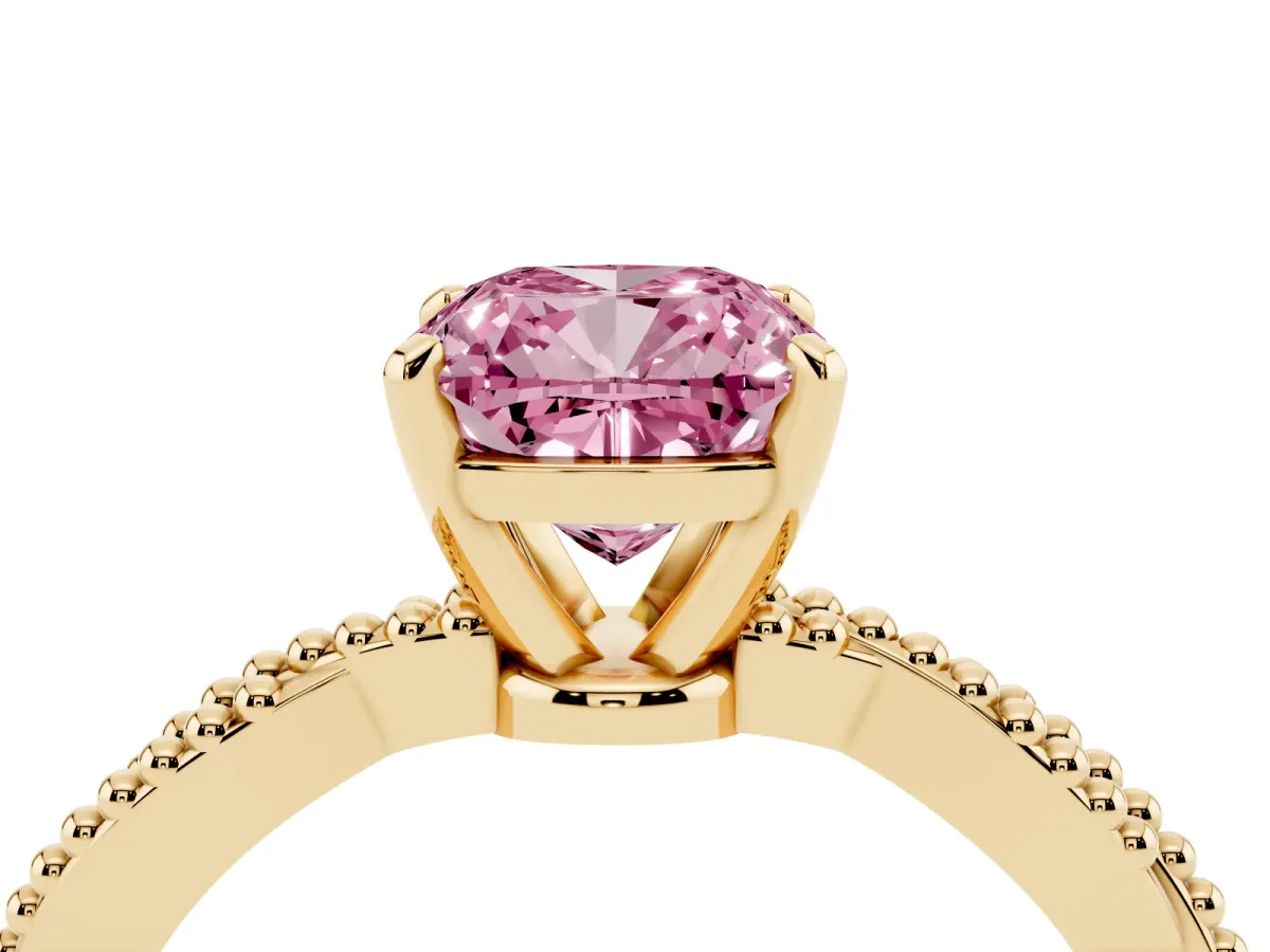 Fancy Pink Cushion Cut Solitaire Twisted Band with Bead Prong Setting Yellow gold