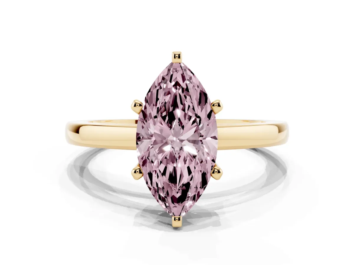 Fancy Pink Marquise Cut Solitaire Diamond Engagement Ring with Four-Prong Setting on a Classic Band Yellow gold