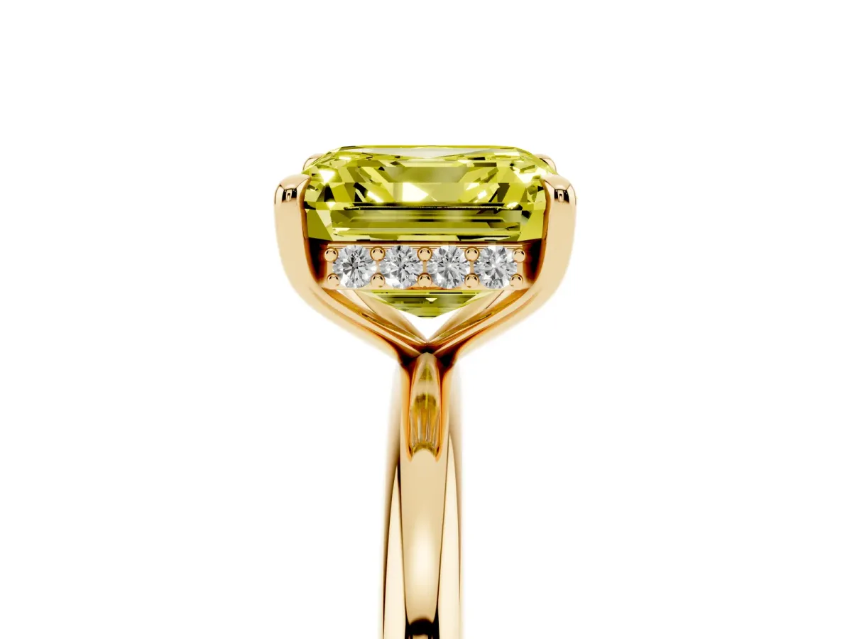 Fancy Yellow Asscher Cut Diamond Solitaire Ring with Thin Band and Four-Prong Setting Yellow gold
