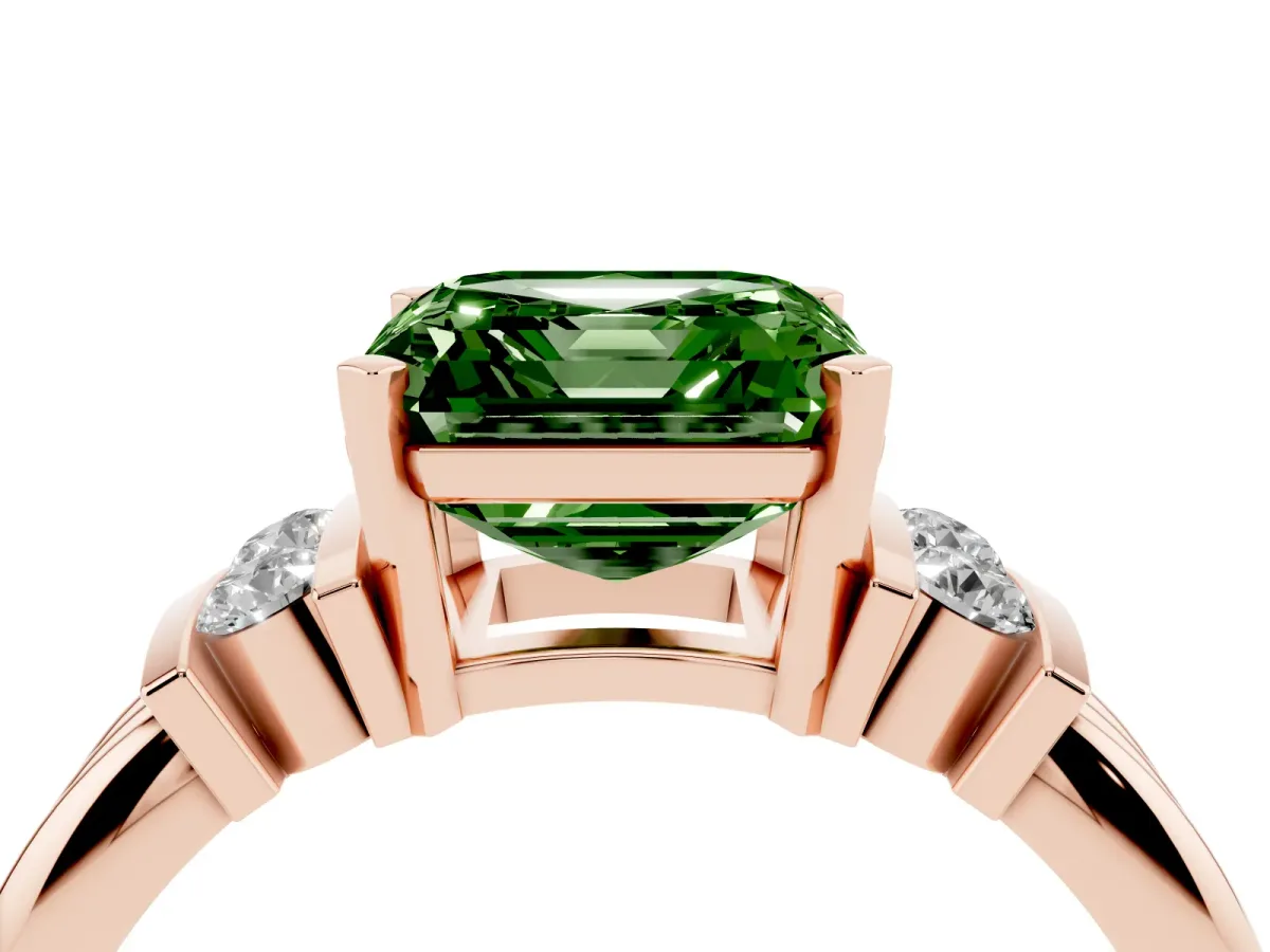 Fancy Green Asscher Cut Cut Three-Stone Channel Set Ring with Bar Prongs Rose gold
