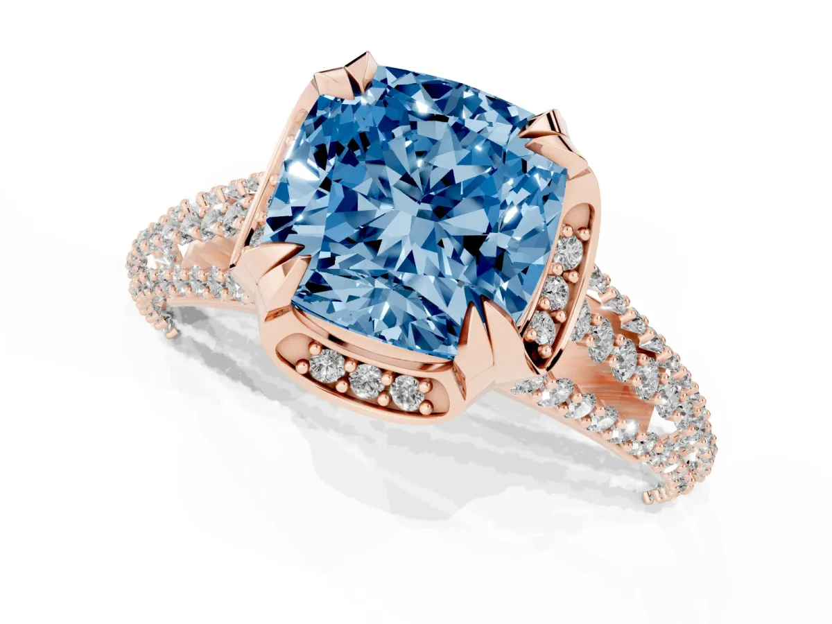 Fancy Blue Cushion Cut Solitaire Pave Split Shank Ring with Four-Prong Setting Rose gold