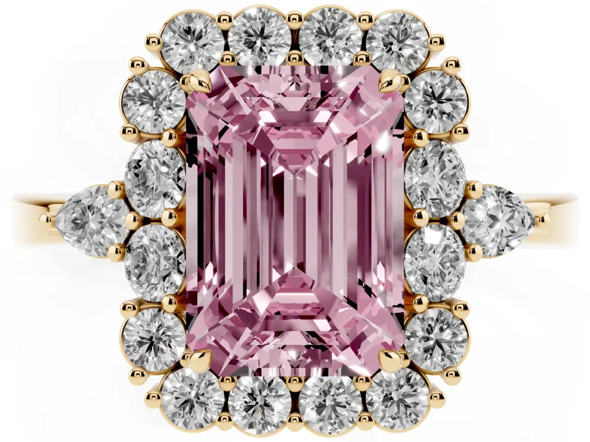 Fancy Pink Emerald Cut Diamond Halo Ring with Pear Side Stones and Prong Setting Yellow gold