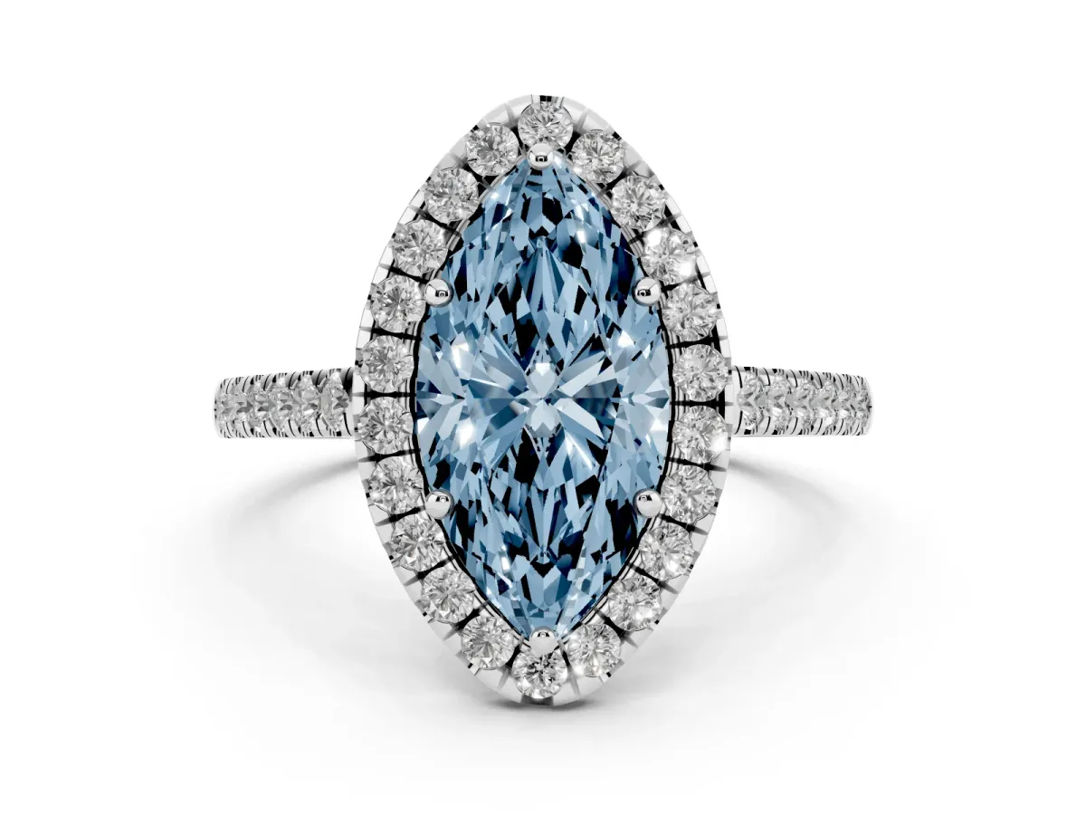 Fancy Blue Marquise Cut Halo Pave Diamond Engagement Ring with Four-Prong Setting Platinum