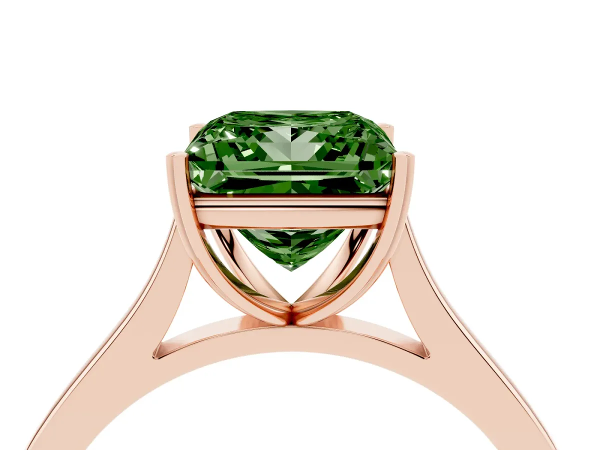 Fancy Green Princess Cut Solitaire Heart Prong Engagement Ring with Tapered Band Rose gold