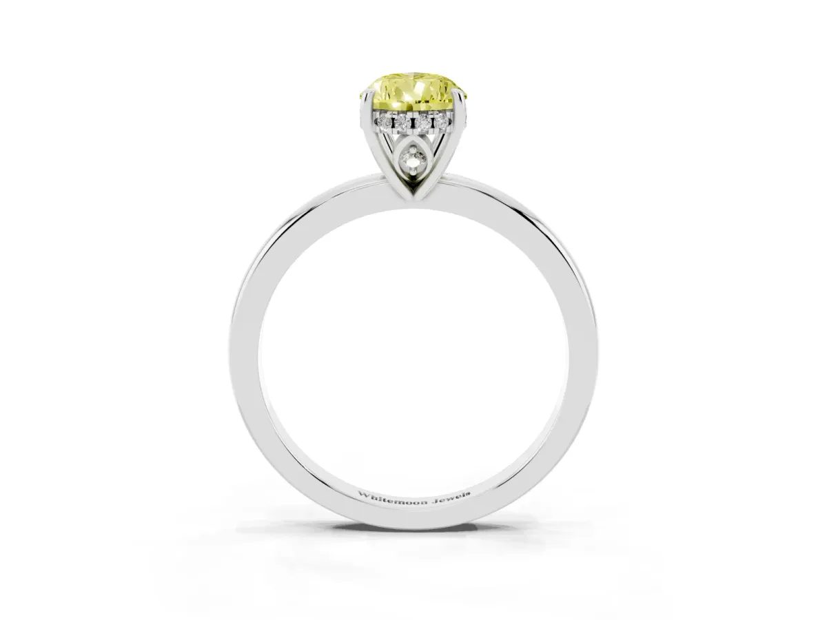 Fancy Yellow Pear Cut Solitaire Diamond Ring with Prong Setting and Plain Band Platinum