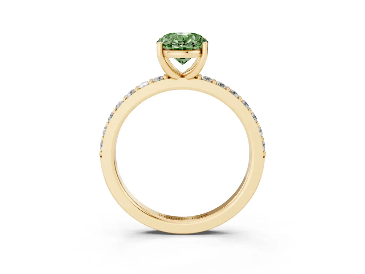 Fancy Green Oval Cut Cut Diamond Solitaire with Pave Band and Four-Prong Setting Yellow gold