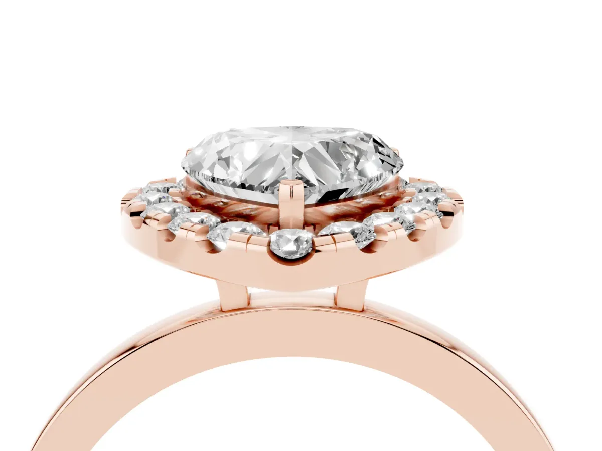 Heart Cut Halo Diamond Solitaire with Pavé Band and Four-Prong Setting Rose gold