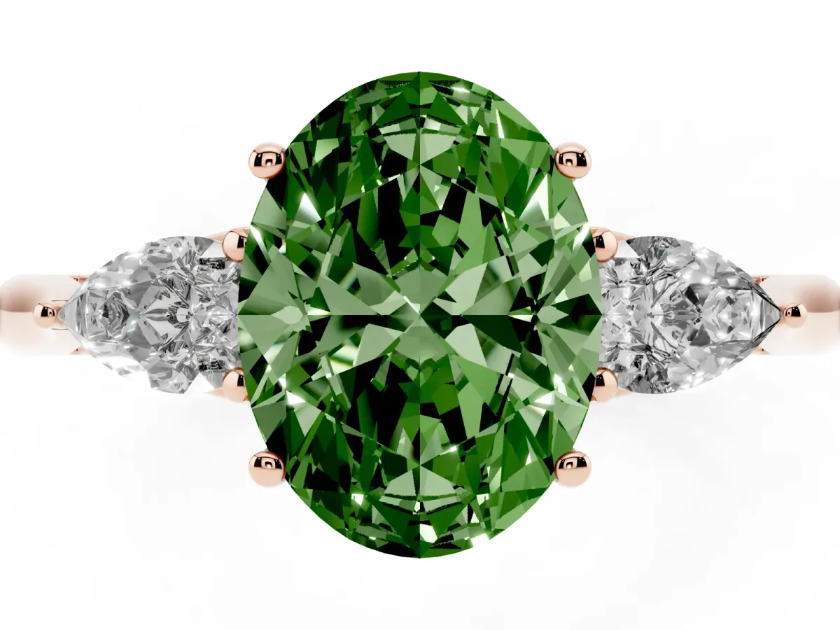 Fancy Green Oval Cut Diamond Three-Stone Ring with Pear Side Stones and Prong Setting Rose gold