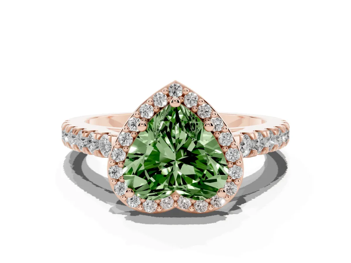 Fancy Green Heart Cut Cut Halo Diamond Engagement Ring with Pave Band and Four-Prong Setting Rose gold