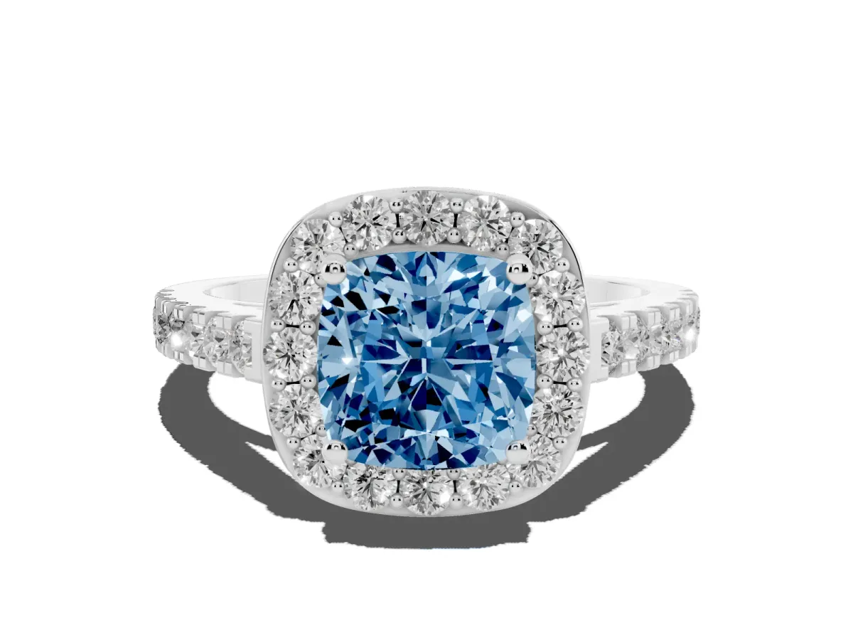 Fancy Blue Cushion Cut Diamond Halo Ring with Round Pavé Split Shank and Prong Setting Silver