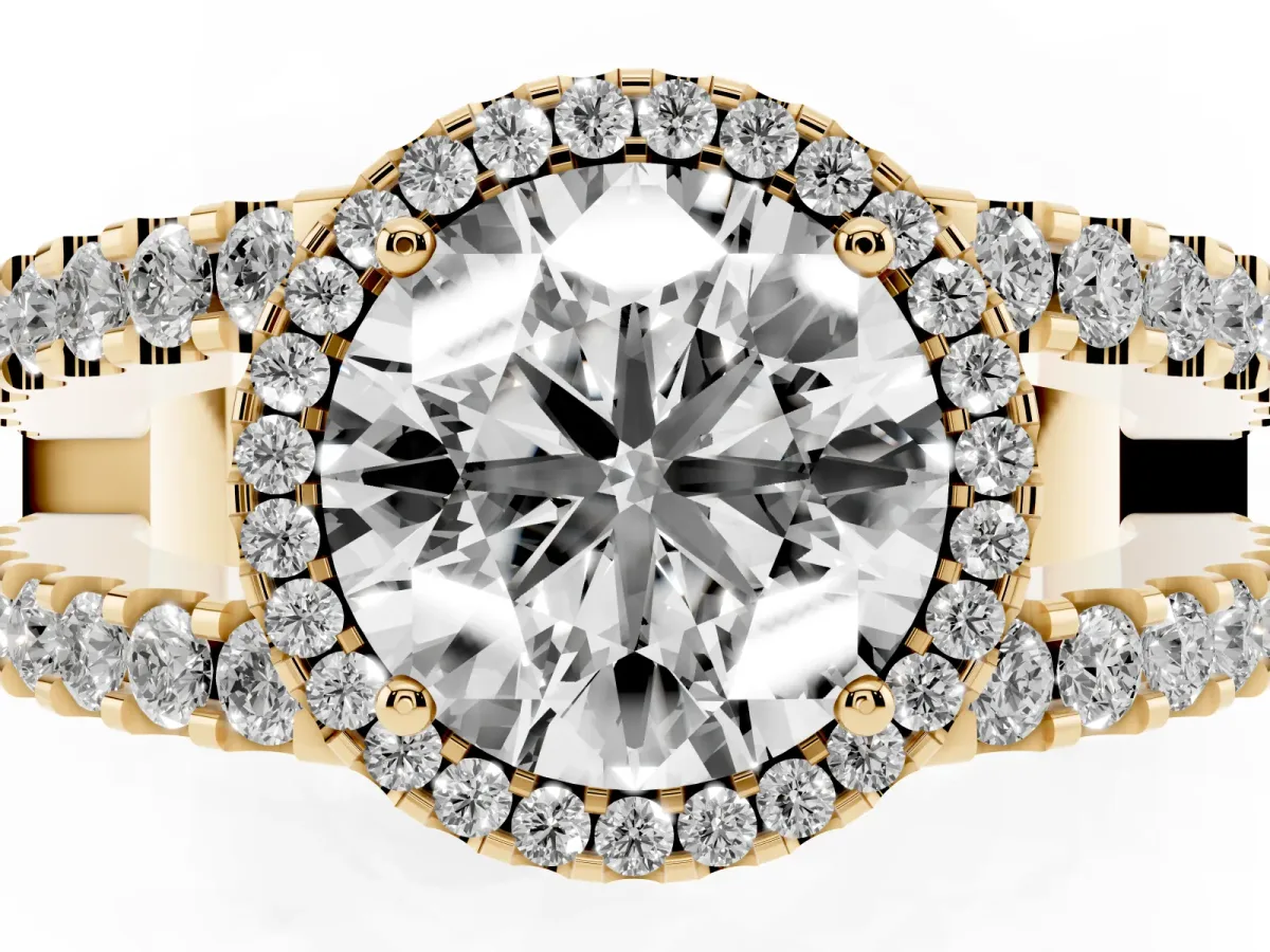 Round Cut Cut Halo Split Shank Diamond Ring with Four-Prong Setting Yellow gold
