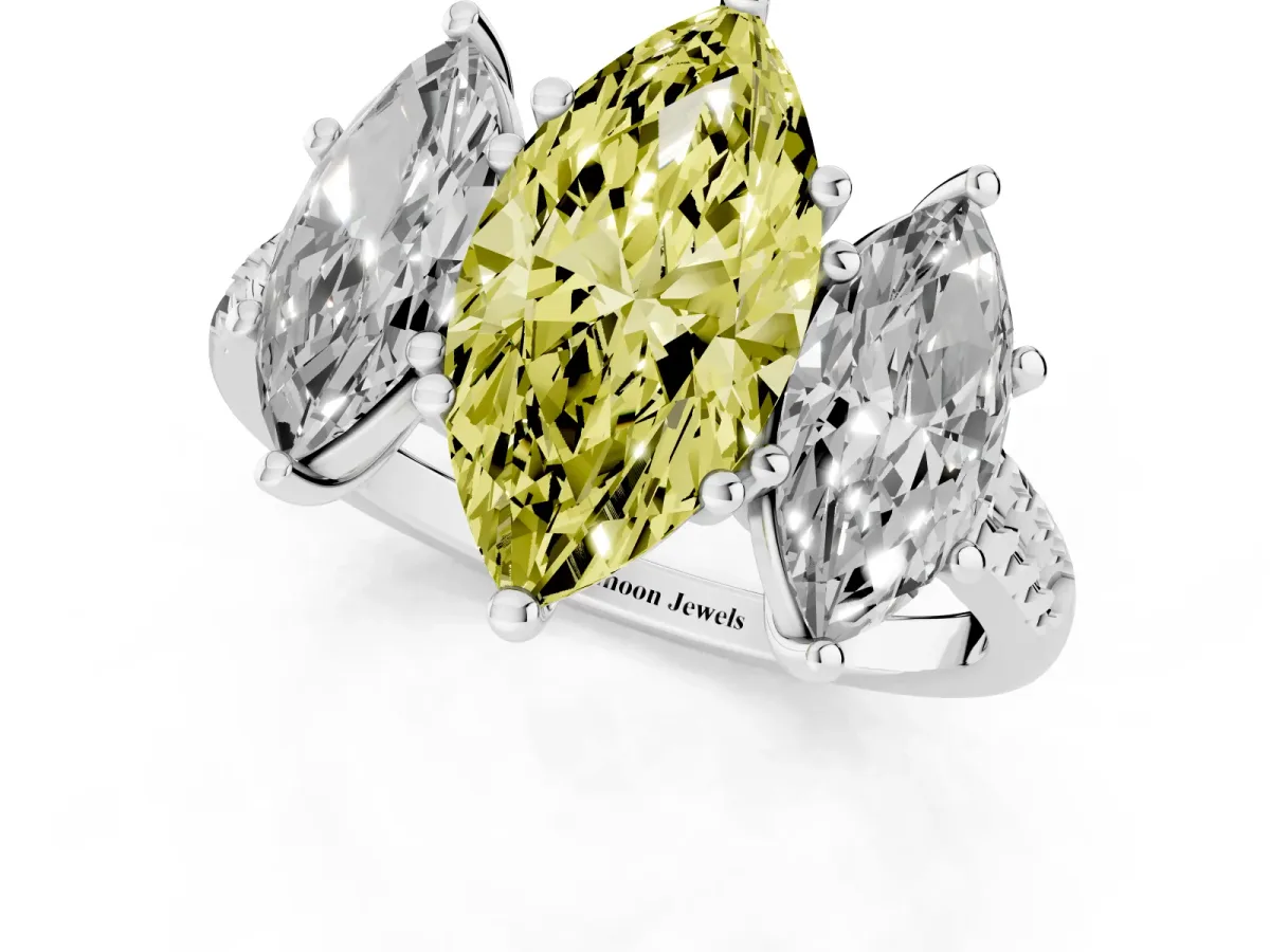 Fancy Yellow Three-Stone Marquise Cut Diamond Ring with Round Pavé Band and Prong Setting Silver